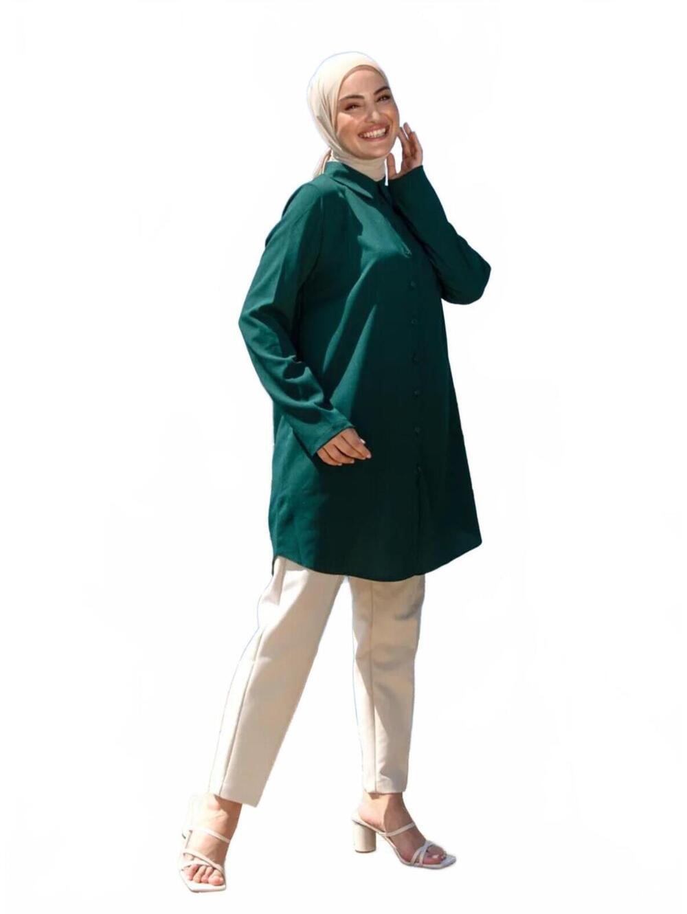 Women’s Dark Green Longline Button Front Tunic Shirt, Size 6